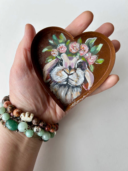 Littles Painted Bunny Rabbit Rustic Heart Magnet or Ring Dish Art Free Shipping
