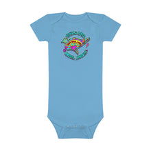 Load image into Gallery viewer, Peace Love and Pigs (on back) Baby Short Sleeve Onesie® with Dove Design for Arthur's Acres - Pink or Blue - Design on back too!
