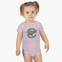Load image into Gallery viewer, Peace Love and Pigs (on back) Baby Short Sleeve Onesie® with Dove Design for Arthur's Acres - Pink or Blue - Design on back too!