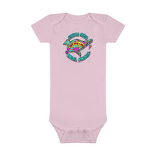 Load image into Gallery viewer, Peace Love and Pigs (on back) Baby Short Sleeve Onesie® with Dove Design for Arthur's Acres - Pink or Blue - Design on back too!