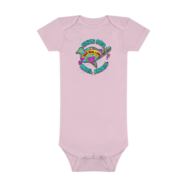 Peace Love and Pigs (on back) Baby Short Sleeve Onesie® with Dove Design for Arthur's Acres - Pink or Blue - Design on back too!