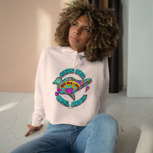 Load image into Gallery viewer, Peace Love and Pigs Crop Hoodie with Dove Design for Arthur's Acres 2 Colors