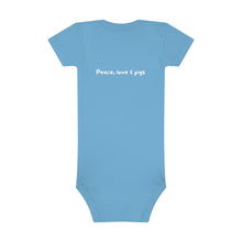 Load image into Gallery viewer, Peace Love and Pigs (on back) Baby Short Sleeve Onesie® with Dove Design for Arthur's Acres - Pink or Blue - Design on back too!
