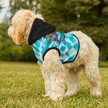 Load image into Gallery viewer, Peace Love and Pigs Tie Dye Pet Hoodie with Dove Design for Arthur's Acres - 5 SIZES Blue/Black