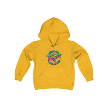 Load image into Gallery viewer, KIDS Peace Love and Pigs Youth Heavy Blend Hooded Sweatshirt with Dove Design for Arthur's Acres - 5 COLORS