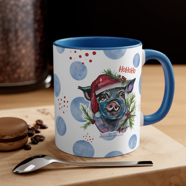 Blue Santa Pig Watercolor Art on a Blue or Red Accent Coffee Mug, 11oz