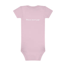 Load image into Gallery viewer, Peace Love and Pigs (on back) Baby Short Sleeve Onesie® with Dove Design for Arthur's Acres - Pink or Blue - Design on back too!