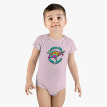 Load image into Gallery viewer, Peace Love and Pigs (on back) Baby Short Sleeve Onesie® with Dove Design for Arthur's Acres - Pink or Blue - Design on back too!
