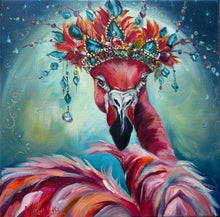 Load image into Gallery viewer, Fancy Flamingo oil painting whimsical with a crown of feathers and jewels diva