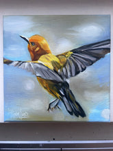 Load image into Gallery viewer, Fly me to the Moon Yellow Warbler Original Oil Painting 8”x8” FREE shipping