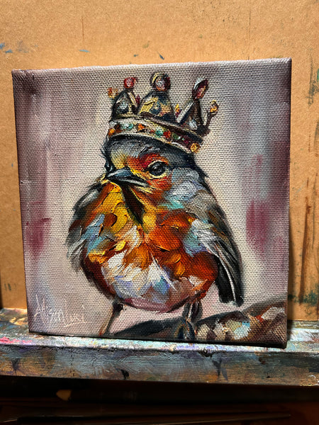 Robin Bird “Embrace the Crown & Fly” Original Oil Painting - Jewel Collection - 6x6