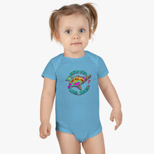 Load image into Gallery viewer, Peace Love and Pigs (on back) Baby Short Sleeve Onesie® with Dove Design for Arthur&#39;s Acres - Pink or Blue - Design on back too!

