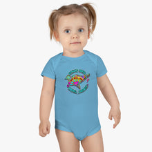 Load image into Gallery viewer, Peace Love and Pigs (on back) Baby Short Sleeve Onesie® with Dove Design for Arthur's Acres - Pink or Blue - Design on back too!