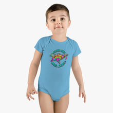 Load image into Gallery viewer, Peace Love and Pigs (on back) Baby Short Sleeve Onesie® with Dove Design for Arthur's Acres - Pink or Blue - Design on back too!