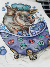 Load image into Gallery viewer, “Tubby Time” Bubbles Pig in a Tub Portrait CANVAS Print Odd Man Inn Animal Refuge