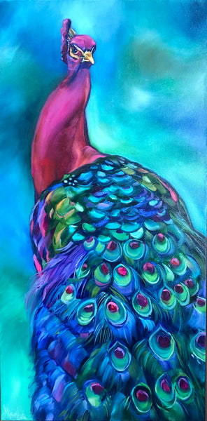 Peacock Art Dance Your Beauty Original Oil Painting 15”x 30”
