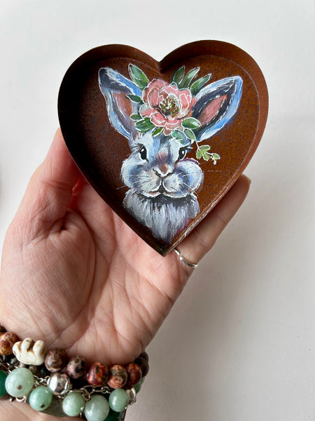 Littles Painted Bunny Rabbit Rustic Heart Magnet or Ring Dish Art Free Shipping