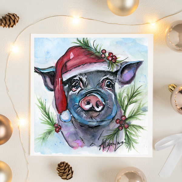 Blue Santa Pig Christmas Holiday Art Print - Multiple Sizes
