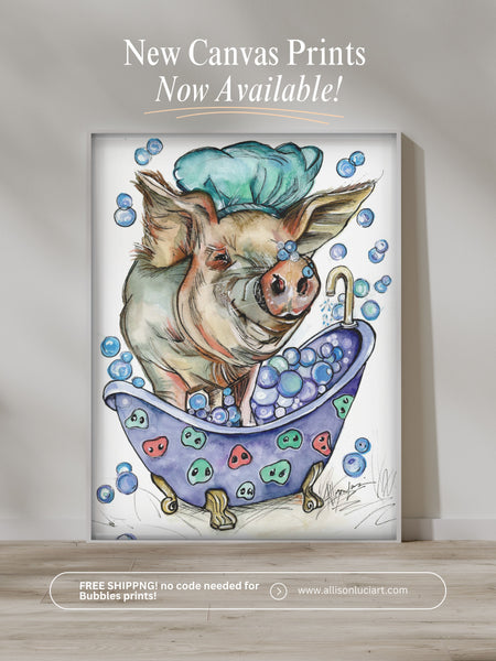 “Tubby Time” Bubbles Pig in a Tub Portrait CANVAS Print Odd Man Inn Animal Refuge