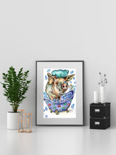 Load image into Gallery viewer, Tubby Time Bubbles Giclee Pig Fine Art Paper Print Multiple Sizes for Odd Man Inn