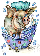 Load image into Gallery viewer, Tubby Time Bubbles Giclee Pig Fine Art Paper Print Multiple Sizes for Odd Man Inn
