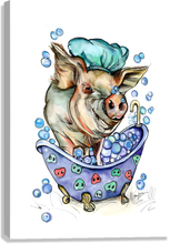 Load image into Gallery viewer, “Tubby Time” Bubbles Pig in a Tub Portrait CANVAS Print Odd Man Inn Animal Refuge