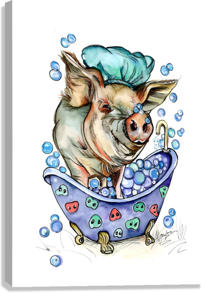 “Tubby Time” Bubbles Pig in a Tub Portrait CANVAS Print Odd Man Inn Animal Refuge
