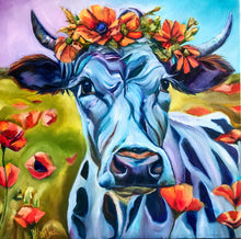 Load image into Gallery viewer, “Hope is Beauty Yet to Bloom” Cow with Poppies Original Oil Painting 20” x 20"