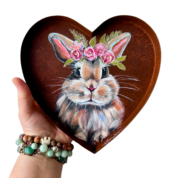 Large 8” Painted Bunny Rabbit Rustic Heart Art Free Shipping