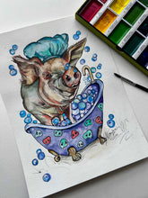 Load image into Gallery viewer, Tubby Time Bubbles Giclee Pig Fine Art Paper Print Multiple Sizes for Odd Man Inn
