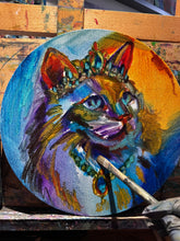 Load image into Gallery viewer, Princess Periwinkle Beautiful White Cat with a Crown of Jewels Original Oil Painting 12” round