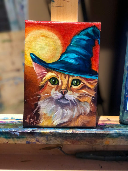 Witchy Kitties Collection - 5" x 7" Original Oil "Zen Master"