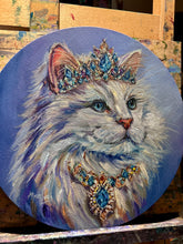 Load image into Gallery viewer, Princess Periwinkle Beautiful White Cat with a Crown of Jewels Original Oil Painting 12” round