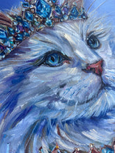 Load image into Gallery viewer, Princess Periwinkle Beautiful White Cat with a Crown of Jewels Original Oil Painting 12” round