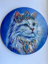 Load image into Gallery viewer, Princess Periwinkle Beautiful White Cat with a Crown of Jewels Original Oil Painting 12” round