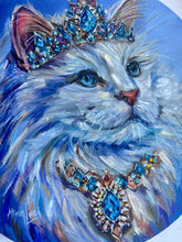 Load image into Gallery viewer, Princess Periwinkle Beautiful White Cat with a Crown of Jewels Original Oil Painting 12” round