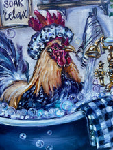 Load image into Gallery viewer, Bathing Beauty Chicken in the Bathtub Art Original Oil Painting 11" x 14" OVAL