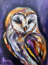 Load image into Gallery viewer, colorful owl with peaceful eyes titled peace in the waiting by Allison Luci purples and golds soulful wisdom original oil painting