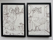 Load image into Gallery viewer, Roosters in the Bathroom! Set of 2 framed drawings 5" x 7"