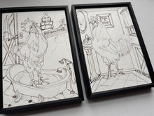 Load image into Gallery viewer, Roosters in the Bathroom! Set of 2 framed drawings 5" x 7"