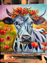 Load image into Gallery viewer, “Hope is Beauty Yet to Bloom” Cow with Poppies Original Oil Painting 20” x 20"