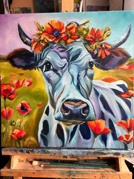 “Hope is Beauty Yet to Bloom” Cow with Poppies Original Oil Painting 20” x 20