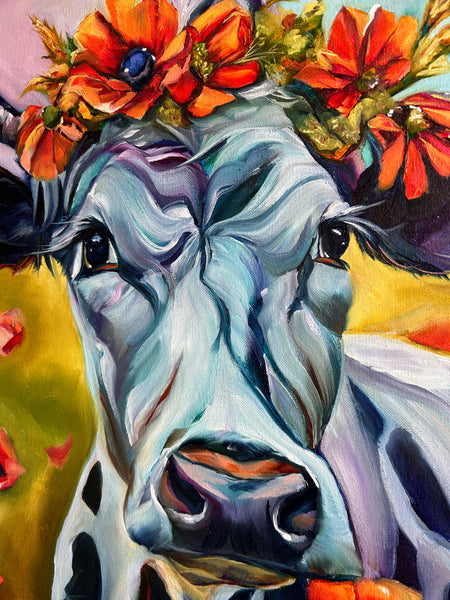 “Hope is Beauty Yet to Bloom” Cow with Poppies Original Oil Painting 20” x 20"