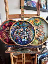 Load image into Gallery viewer, LION Strength That Blooms Art Original Oil Painting 15" round with Copper Leaf