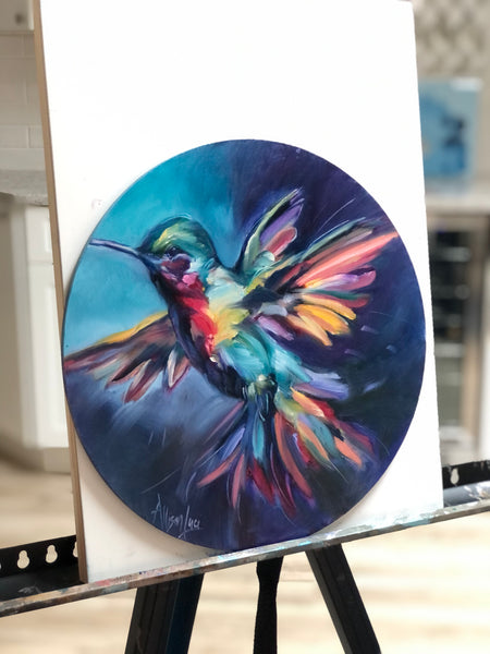 Round Hummingbird "Octavia" Original Oil Painting 12" x 12" Colorful and Fun -FREE shipping