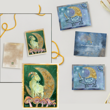 Load image into Gallery viewer, NOTE CARDS Set of 10 FREE SHIPPING (5) Pig and (5) Goat with Golden Moon - Blank Inside "Asleep or Awake I Dream of You" and "Essence of Existence"