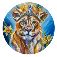 Load image into Gallery viewer, NEW Round Metal Print of Quiet Strength Lion Lioness Oil Painting METAL PRINT