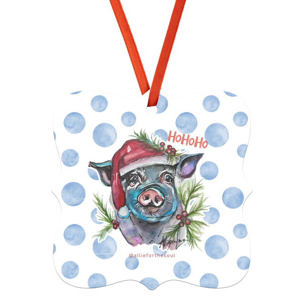 Santa Pig Art Hohoho Christmas Ornament with Blue Polka Dots