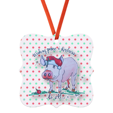 Load image into Gallery viewer, Sweet_Santa_Pig_Metal_Ornament_with_a_Ki_Square_Main_Ribbon_Mockup.png
