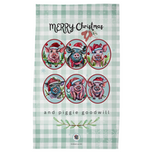 Load image into Gallery viewer, pig art pig lover pig rescue kindness merry christmas and piggie goodwill santa hat pigs watercolor art on journal pig kitchen tea towel allie for the soul